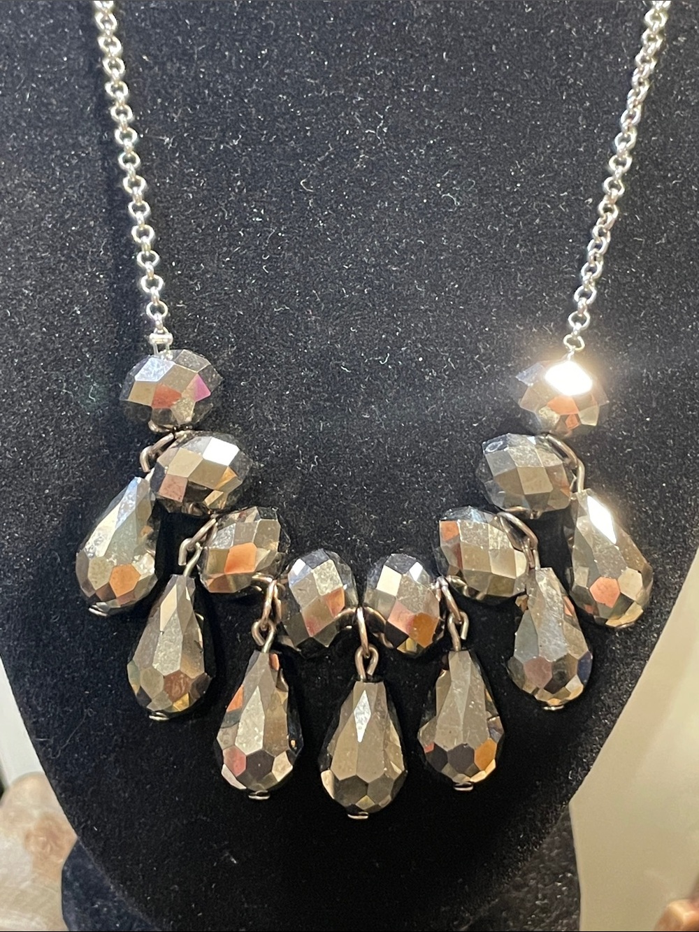 Statement Faceted Teardrop Crystal AB Necklace in Gunmetal